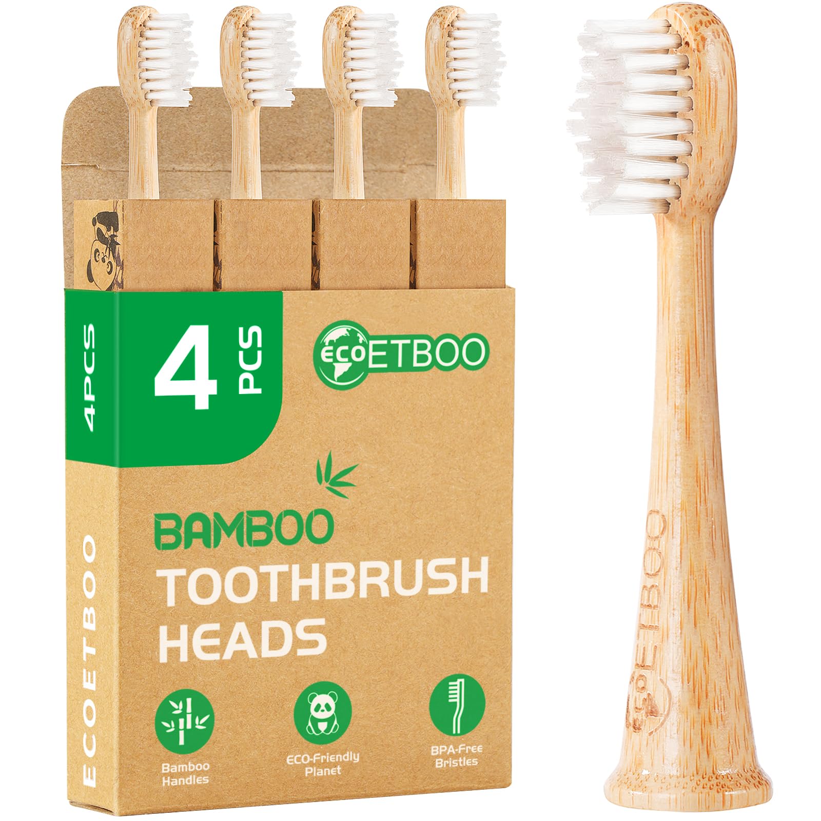 Photo 1 of *2 only* Bamboo Toothbrush Replacement Heads Compatible with Philips Sonicare, Soft Castor-Oil Biodegradable Bristles, Eco-Friendly Bamboo Handle, 4 Pack, Sustainable Daily Cleaning