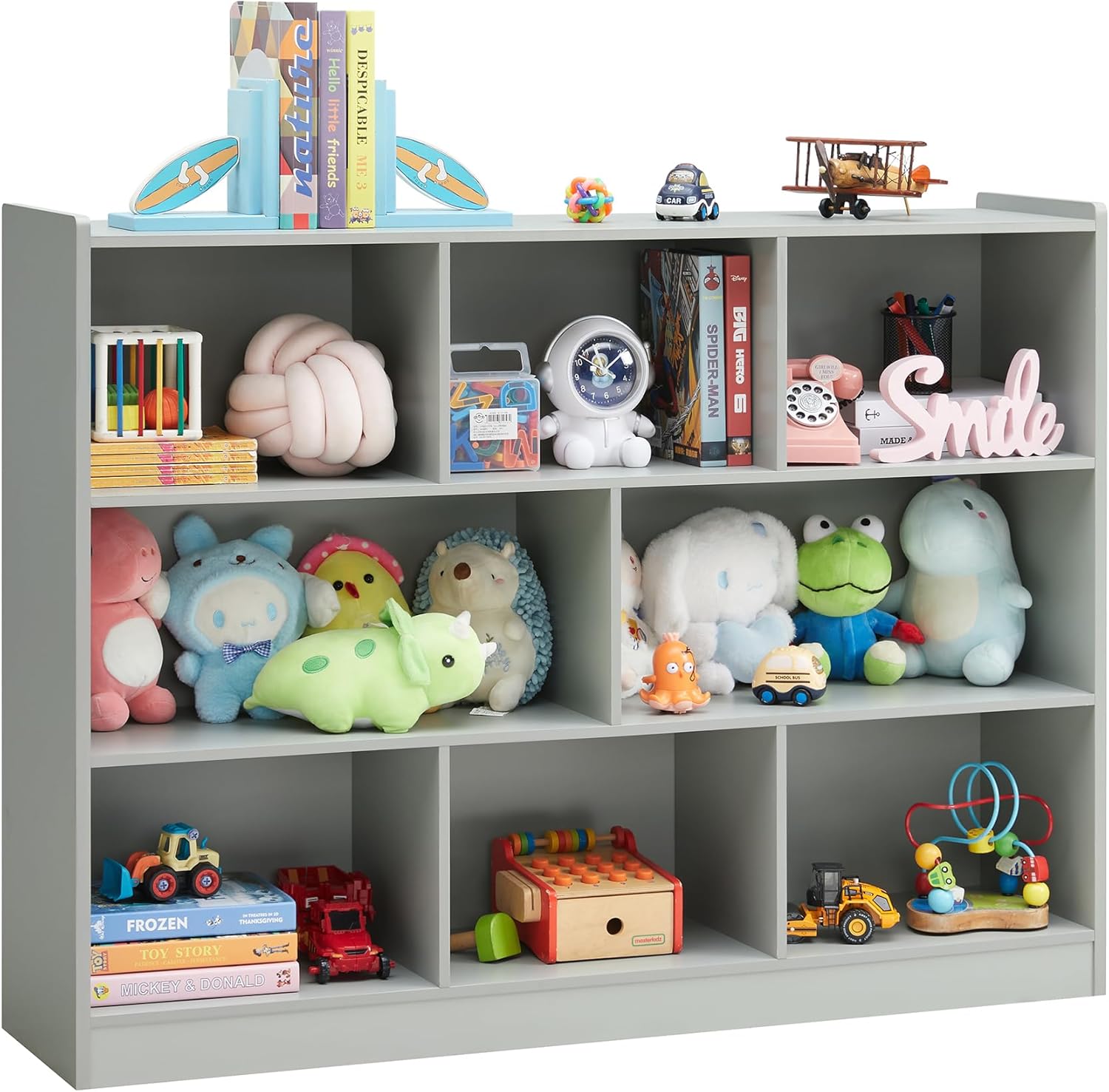 3-Tier Bookshelf, 8-Section Wooden Bookcase, Storage Organizer with Anti-Tilt Device, Modern Storage Display Cabinet for Living Room, Classroom, Kid’s Room (Grey)