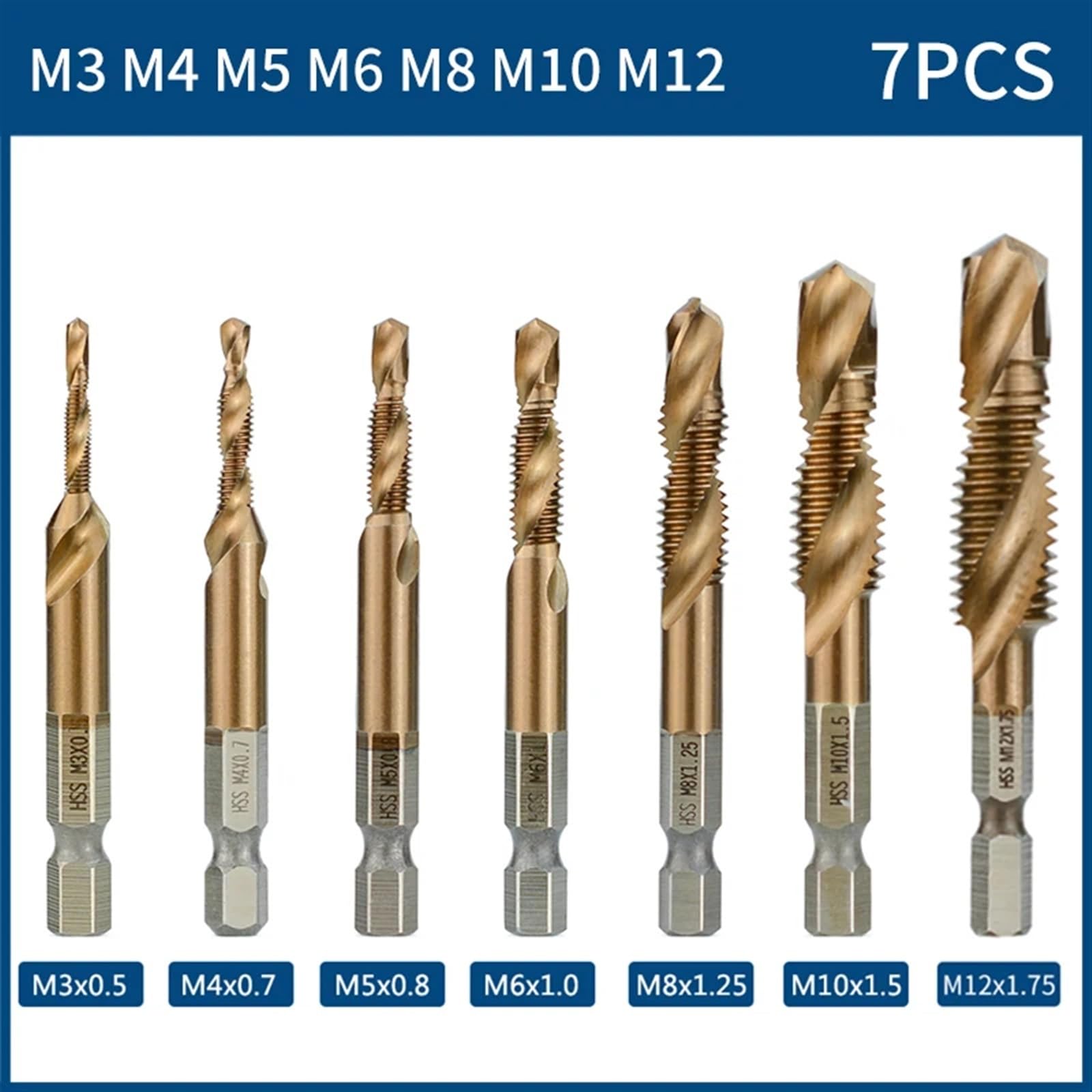 HSS4341/6542 Thread Tap Metric Tap M3 M4 M5 M6 M8 M10 M12 Machine Plug Tap Drill Metal Threading Tool Hand Tool 1Pcs(7pcs)