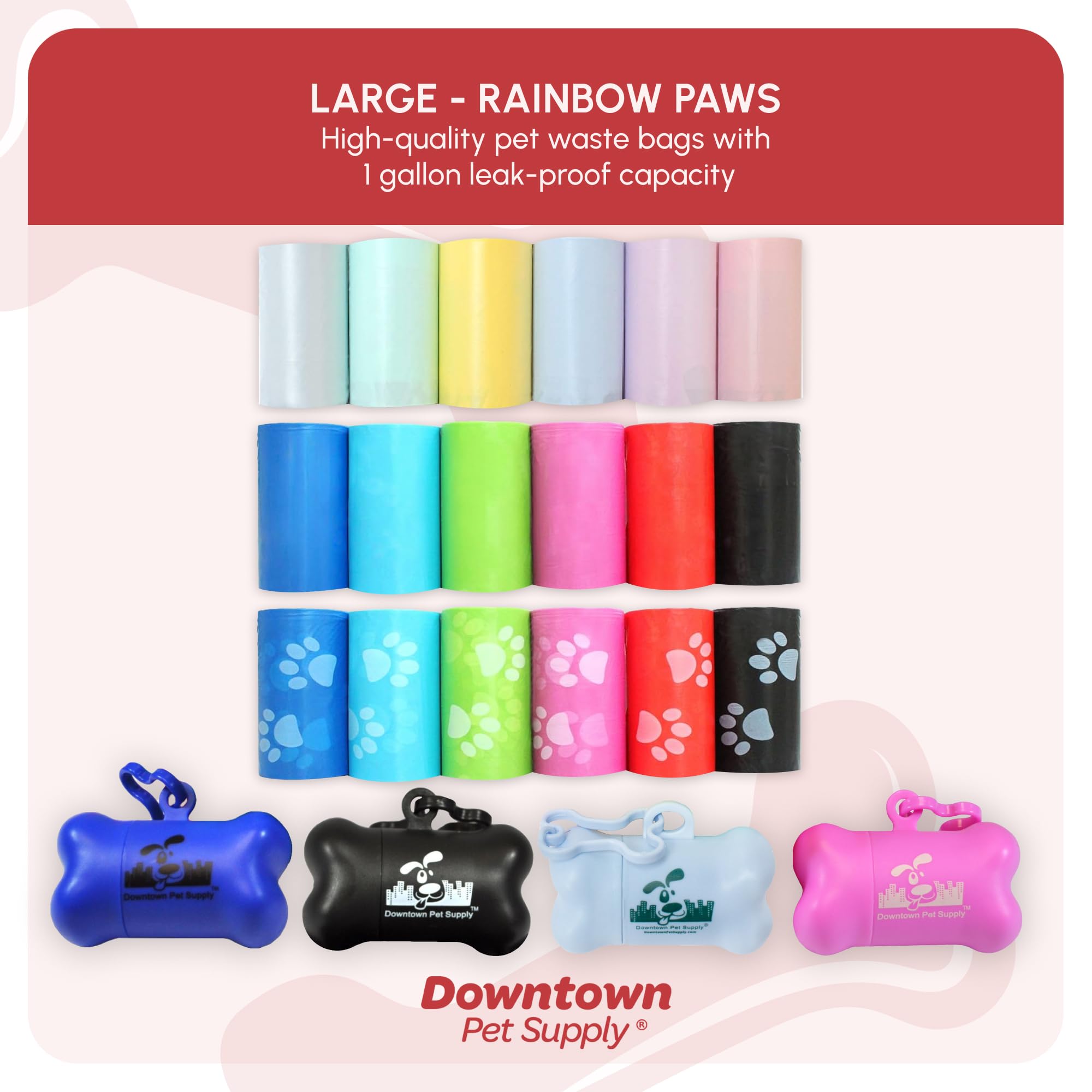 Downtown Pet Supply Bolsas Basura Perro Mascotas Con Correa Dos Clips Y Dispensadores, 2200 Bolsas, Arco Iris Con Impresiones De La Pata