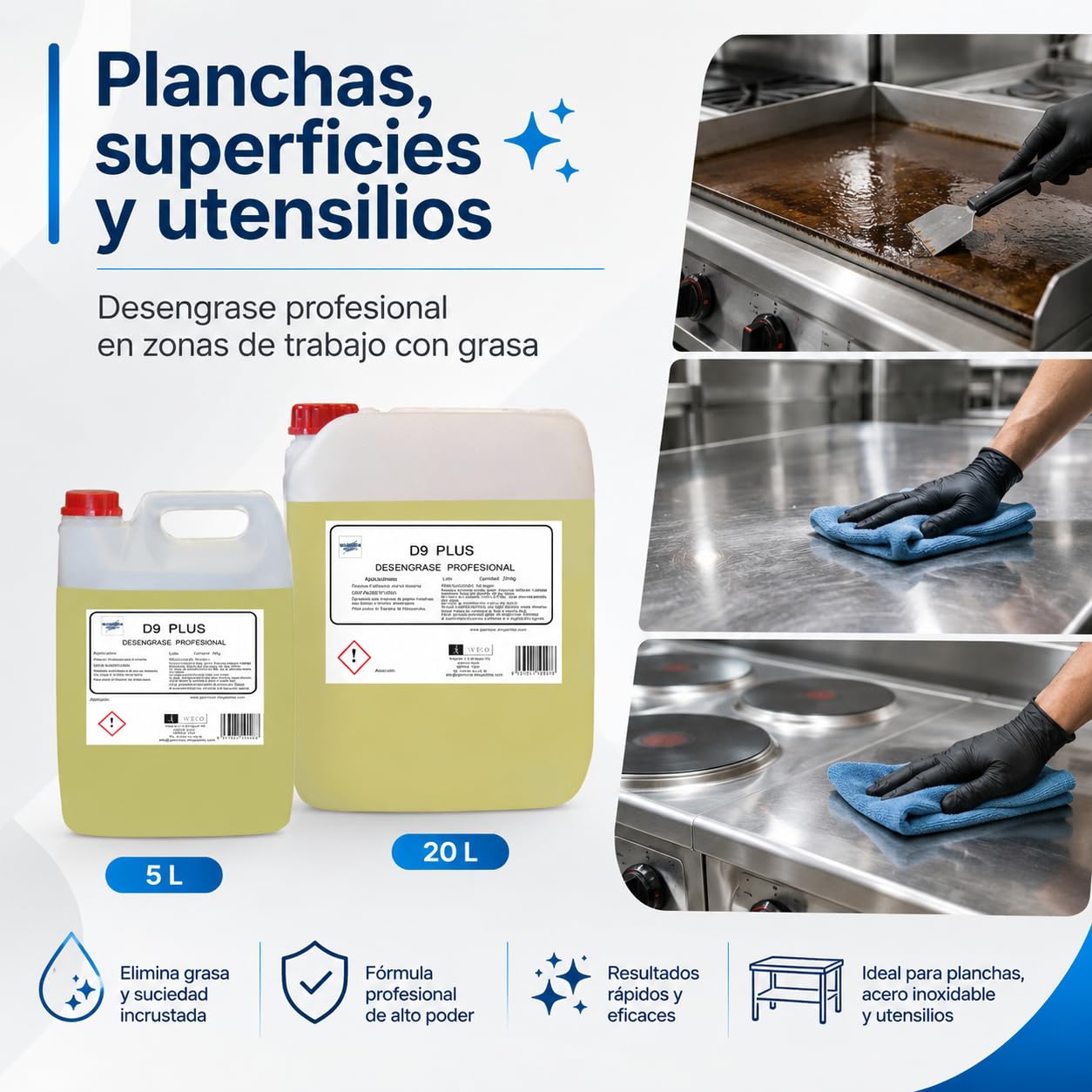 D9-PLUS Quitagrasas Profesional 20 L, Uso Directo, Desengrasante Enérgico para Filtros de Campana, Planchas, Superficies, Suelos y Grasas Alimentarias.