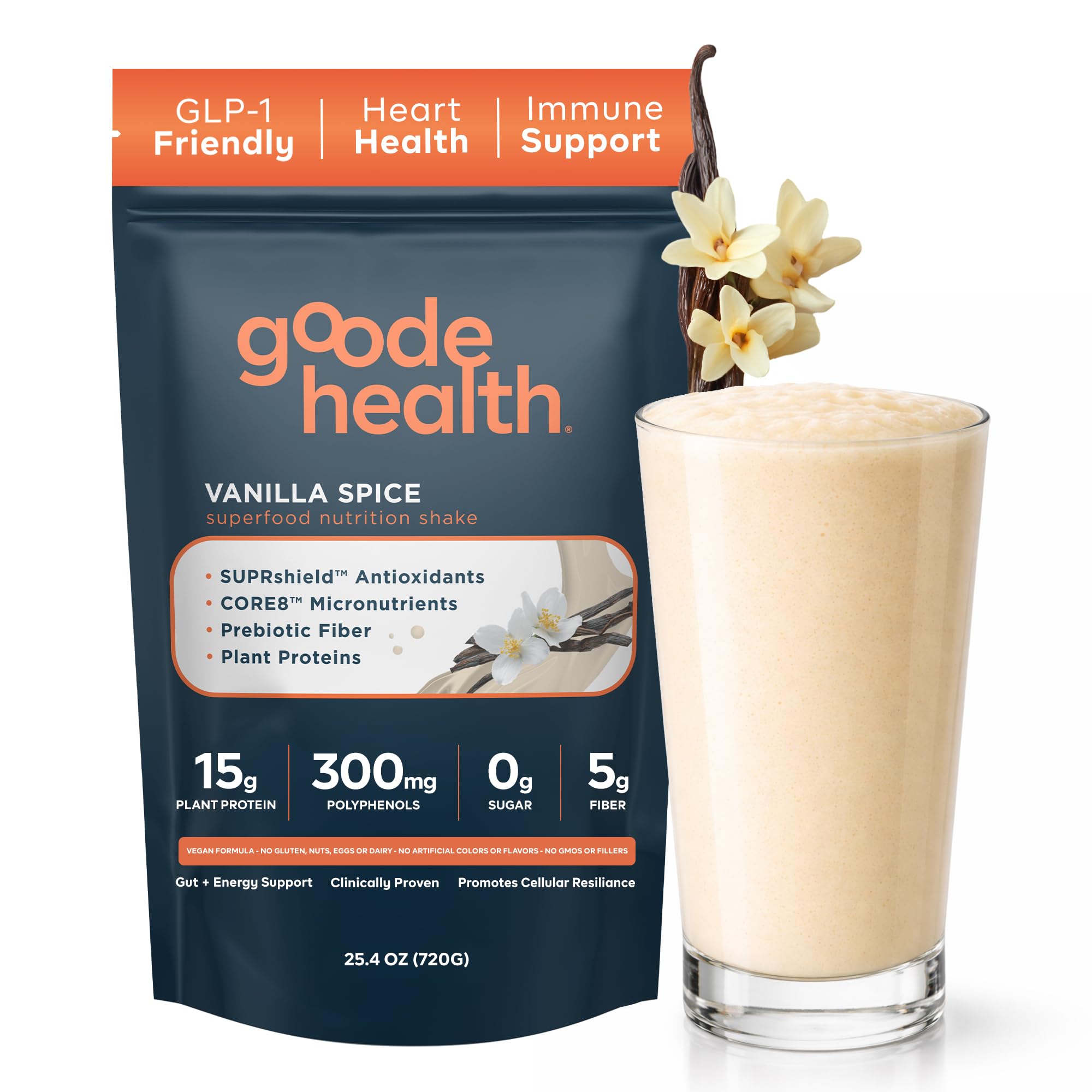 - Goode Health Meal Replacement Shake, Vanilla Spice - 15g Plant-Based Vegan Protein Powder - High Fiber Meal Replacement Shake - Dairy Free, Gluten Free, Zero Sugar - GLP-1 Friendly