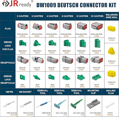 Miniatura 7 de JRready DW1009 Kit de conectores Deutsch, 2 3 4 6 8 12 pines conectores DT grises, tamaño 16 contactos formados estampados (14-18AWG)herramienta de