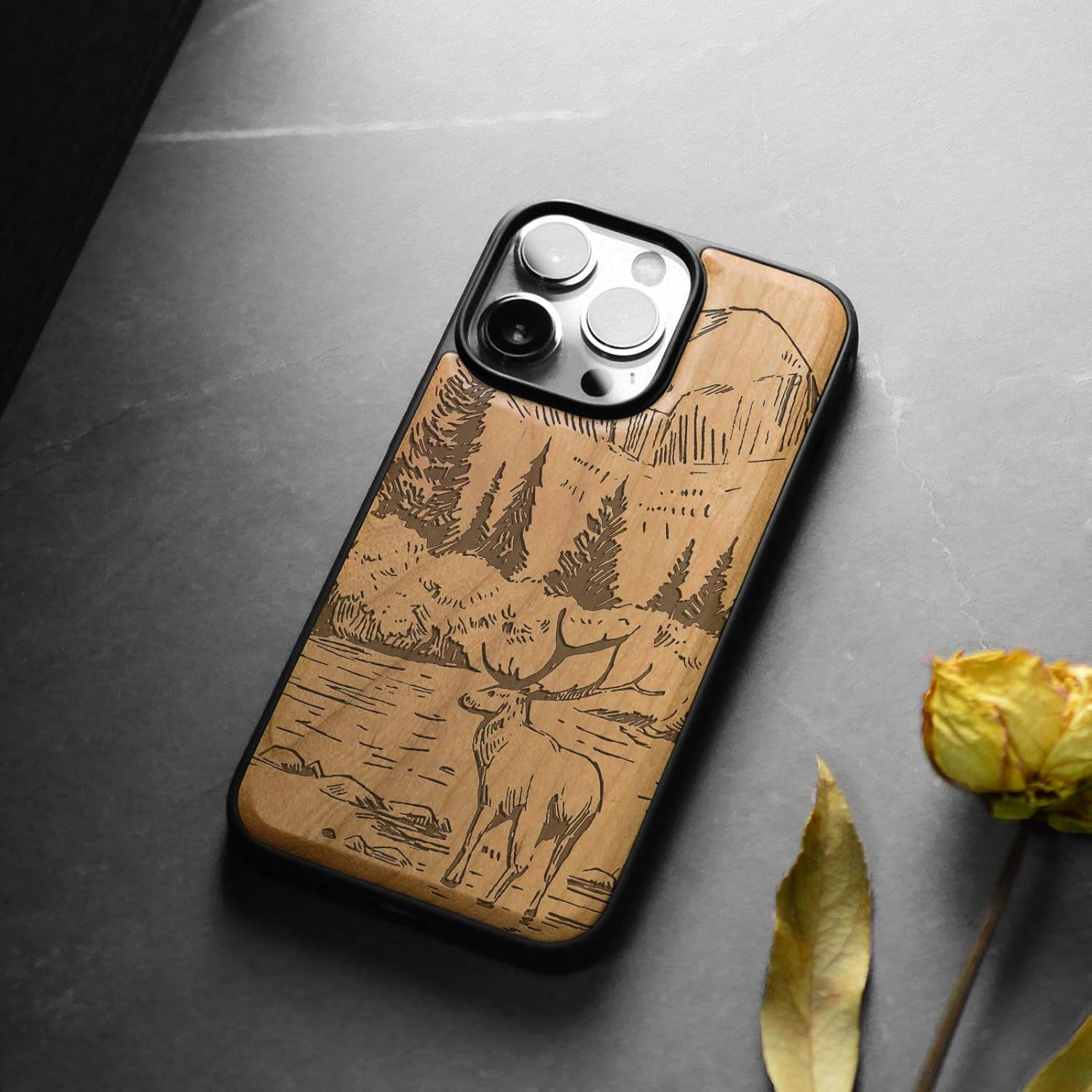 Carveit Magnetic Wooden Case for iPhone 15 Pro Case, Compatible with MagSafe Wireless Chargers, Black Soft TPU Shockproof Cover & Wood Artisan Engraved (Mountains and Deer) - Cherry