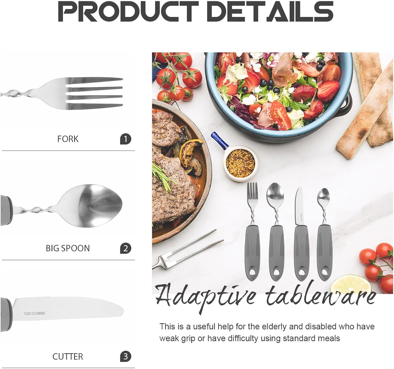 Elderly Adaptive Utensils Set with Non Slip Handles Stainless Steel