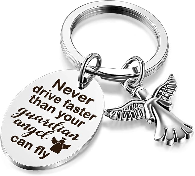 Hotop Sweet Guardian Keychain Angel Keychain New Driver Keychain Never Drive Faster Than Your Angel Can Fly Birthday Gift for Daughter Niece Women