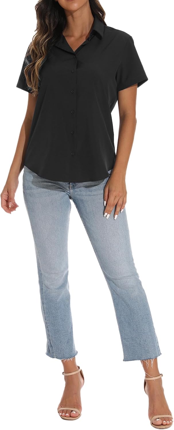 GUANYY Women's Short Sleeve Button Down Shirt Womens Shirts Dressy Casual Business Work Blouses V Neck Collared Tops - Image 5