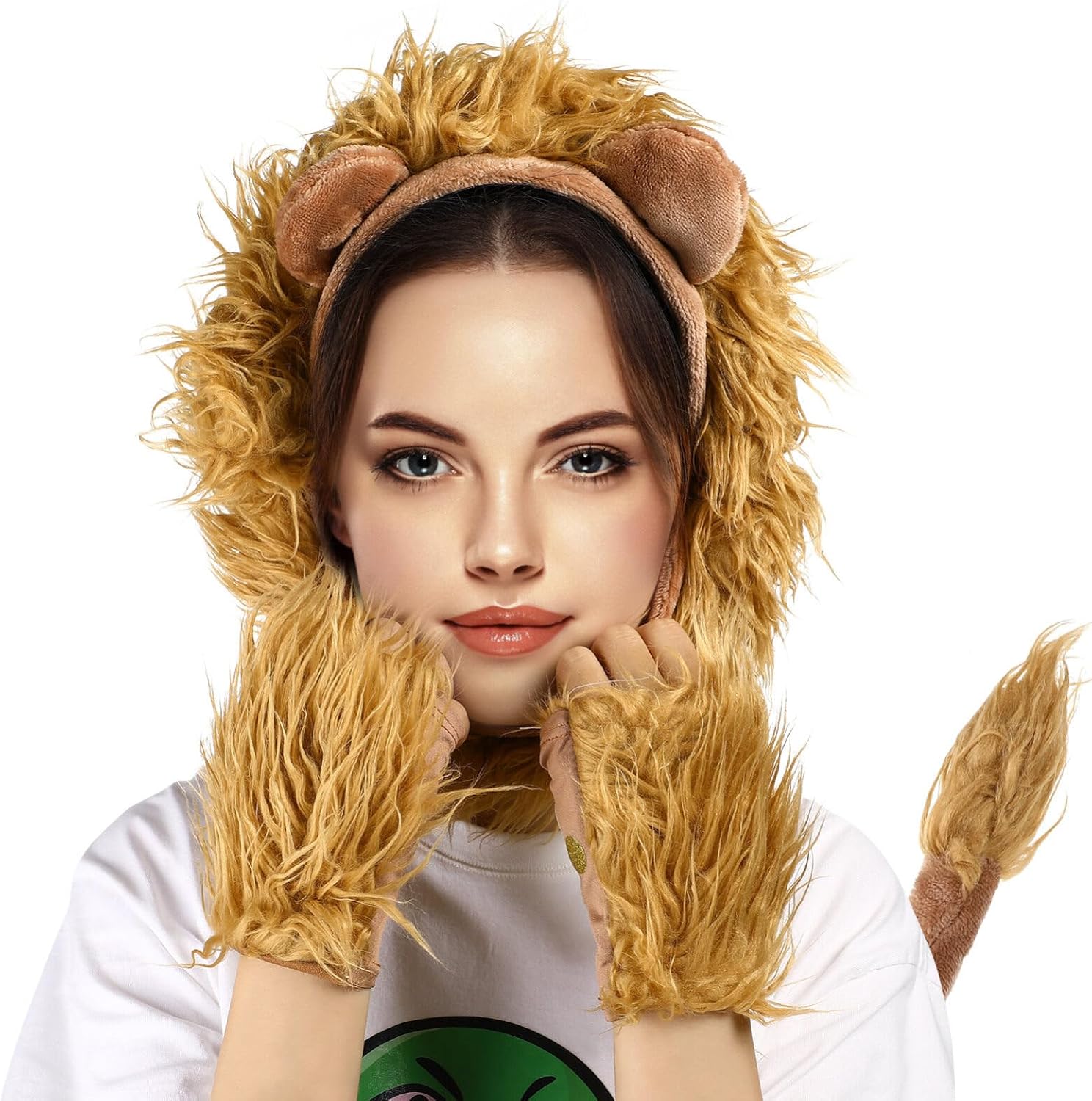 Abaodam Lion Costume Adult 1 Set Animal Costume Lion Paws Fingerless Gloves Ear Headband Ears Headband Ears Paw Gloves Fake Tail Makeup Halloween
