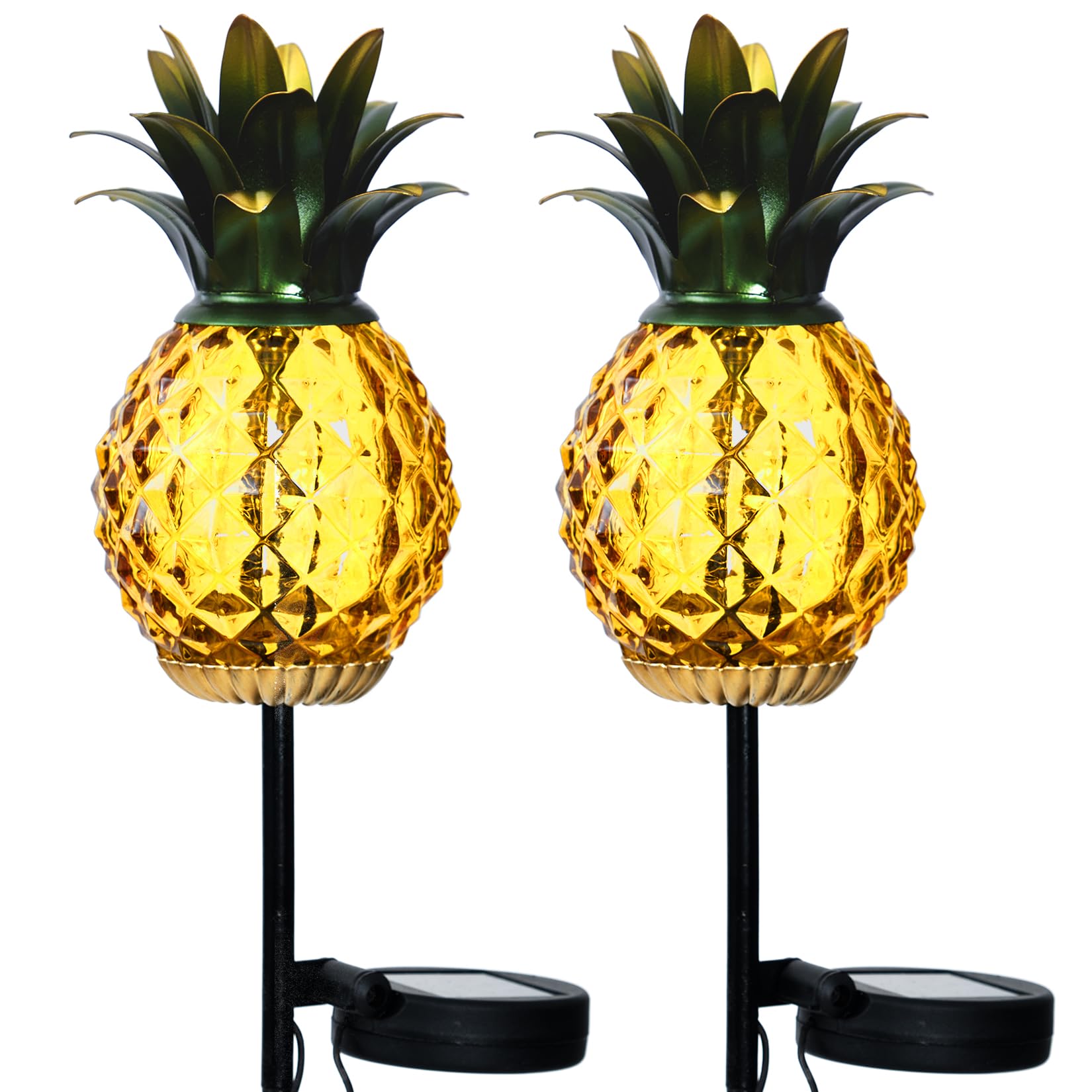 elfonsol Solar Pineapple Lights Outdoor Glass Pineapple Stakes Lights, Waterproof Garden Lantern Decor Pineapple Gifts for Women 2 Packs, Yellow