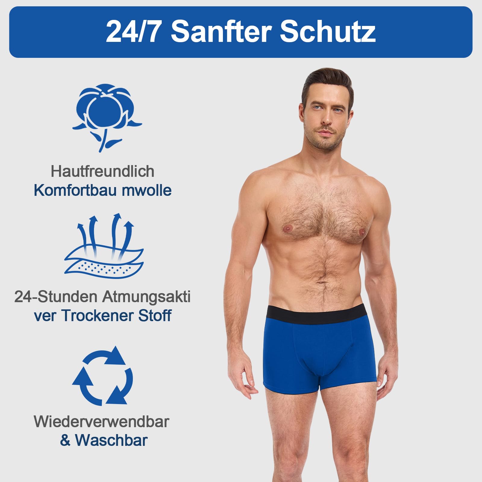 Culottes incontinence homme 150 ml - Boxers anti-fuites lavables, coton respirant anti-odeurs, protection renforcée nuit et voyage