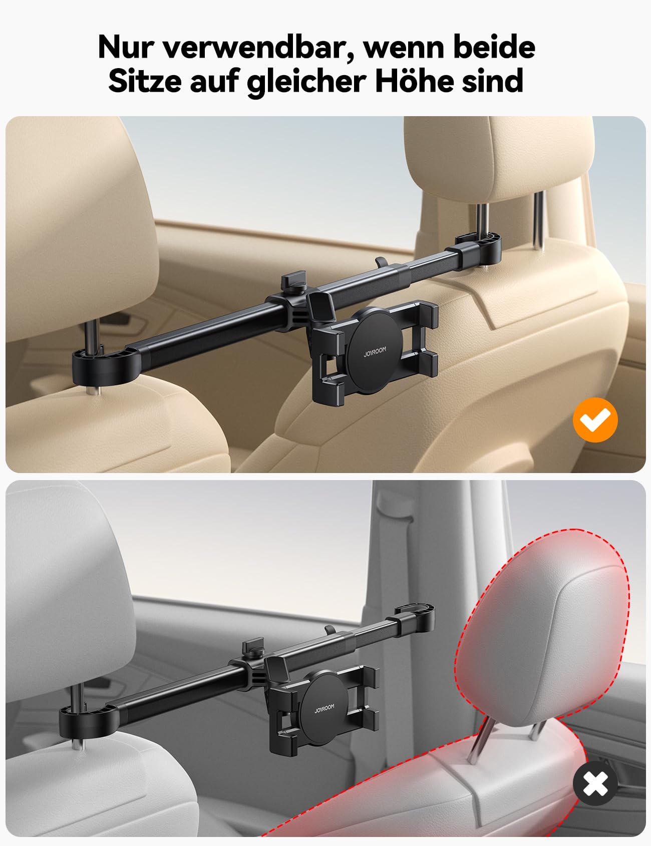 JOYROOM Tablet Halterung Auto Kopfstütze [Bilaterale Fixierung] Tablethalterungen Auto mit Metallarm, iPad Halterung Auto Mitte für 4,7–12,9" iPad, Tablets & Smartphones/Mit 2 Haken