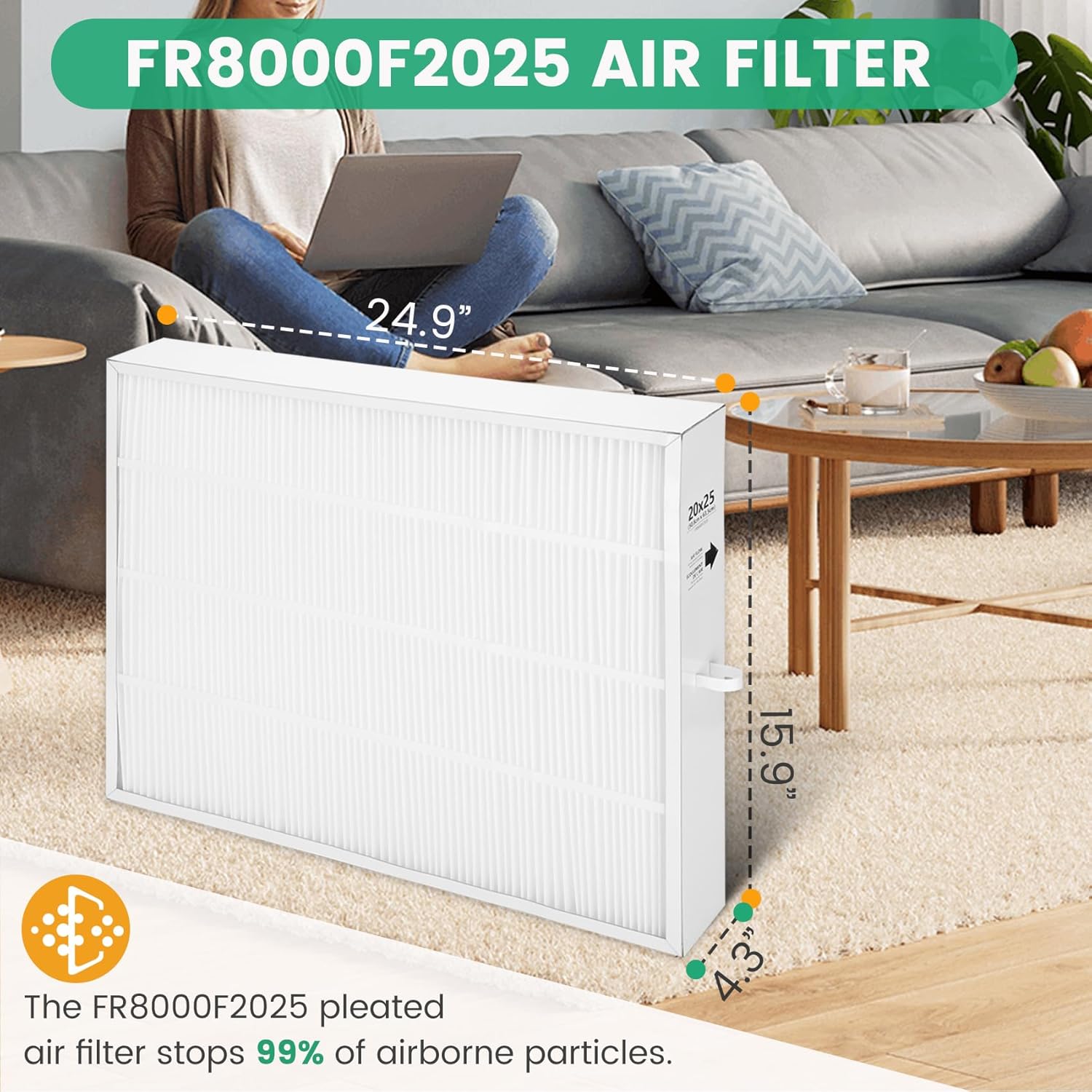 FR8000F2025 pleated air filter 2025 MERV 16, Compatible with Honeywell FH8000A2520 Air Handler, Replaceable TrueCLEAN Replacement Filter