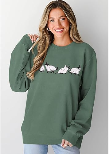 Miniatura 4 de BOUTIKOME Sudaderas de Halloween para mujer, diseño de gato espeluznante, manga larga, cuello redondo, suéter suelto para otoño