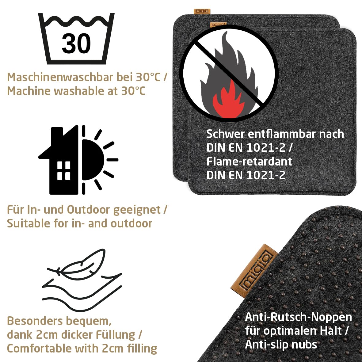MIQIO Design filcowe prostokątne poduszki do siedzenia 35x35 cm | Zestaw 4 szt. | Antypoślizgowe nadające się do prania poduszki na krzesła | Wygodne poduszki ogrodowe i ławkowe