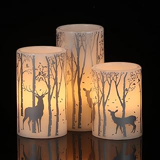 DRomance Silver Deer Flameless Flickering Candles Battery Operated with 6H Timer, 3 Pack Real Wax Warm Light LED Pillar Candles Dinner Tabletop Holiday Centerpiece Decor 3" x 6"