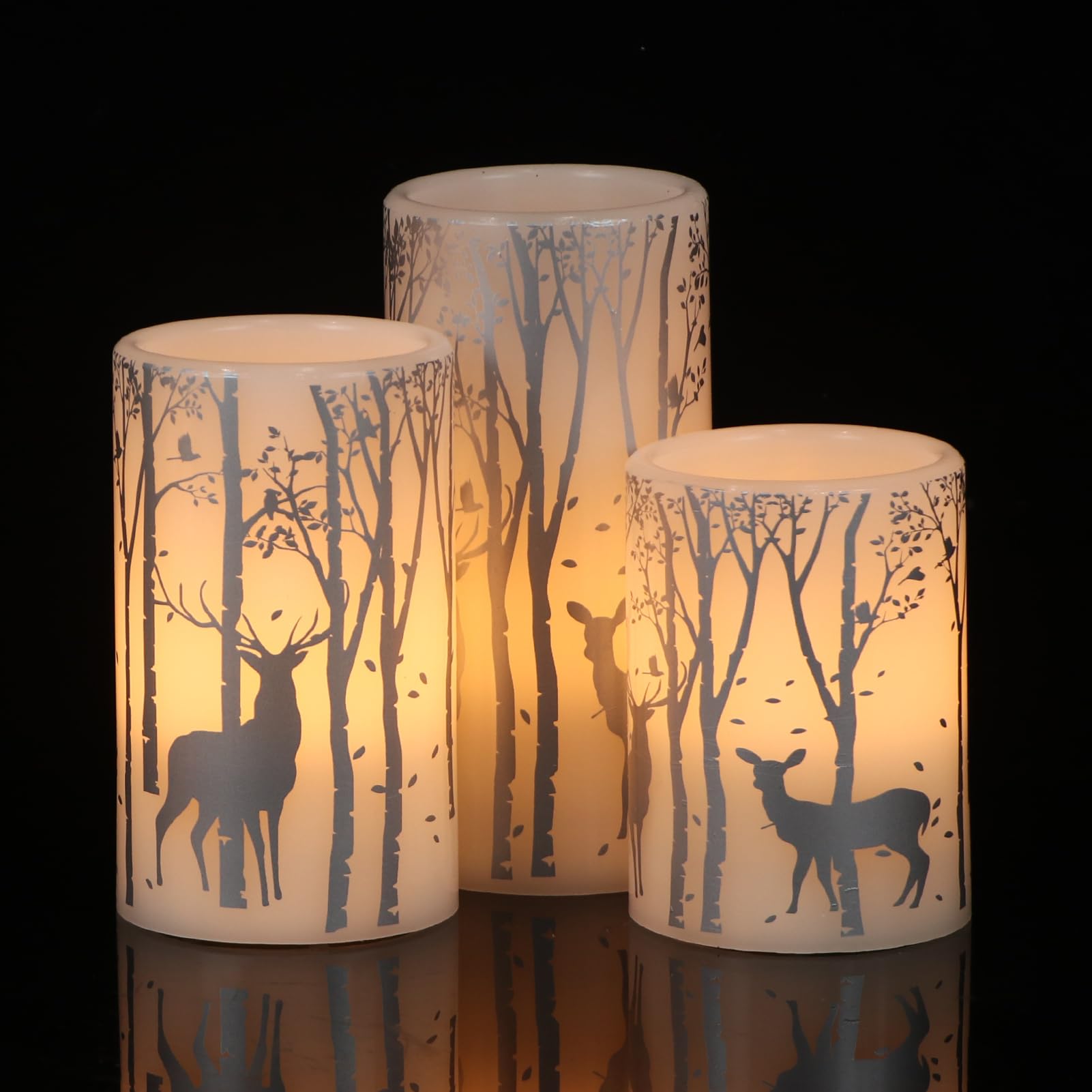 Candele tremolanti senza fiamma a forma di cervo argentato, funzionamento a batteria con timer 6H, confezione da 3 candele a colonna in vera cera a luce calda, a LED, decorazione per cena,