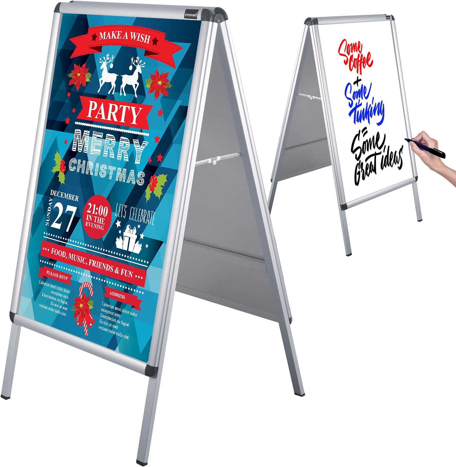 INNOVART Snap Open A-Frame Sidewalk Sign 36” X 24”, Dry Erase Surface Aluminum Front Load Poster Holder, Magnetic Double Sided Sandwich Board Sidewalk Sign Free Standing Whiteboard Easel for A1 Size