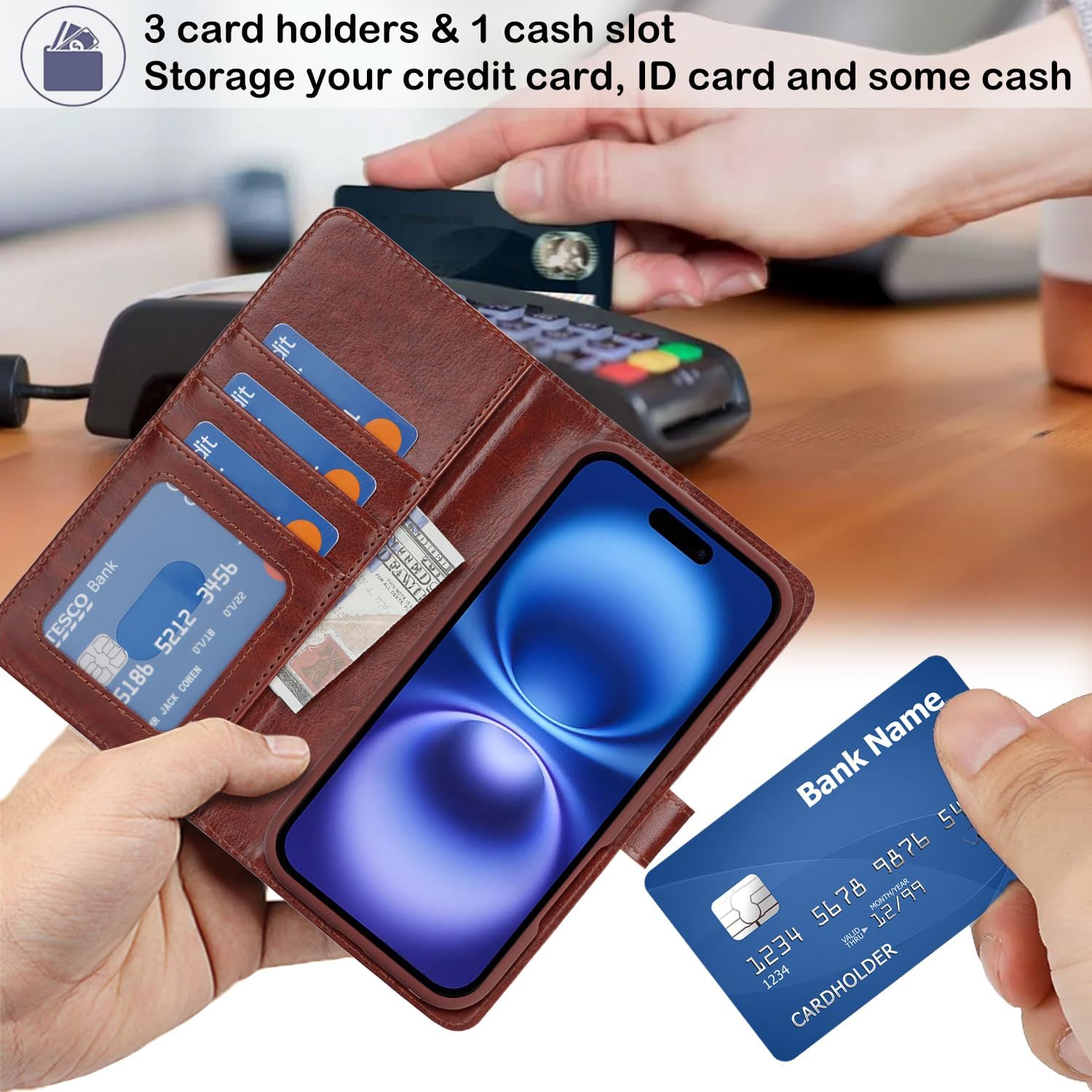 Ｈａｖａｙａ for iPhone 16 Case Detachable Wallet Case with Card Holder，2 in 1 Pu Leather Flip Folio Credit Card Slots Stand Compatible Magsafe Magnetic Shockproof Phone Cover (6.1")-Deep Brown