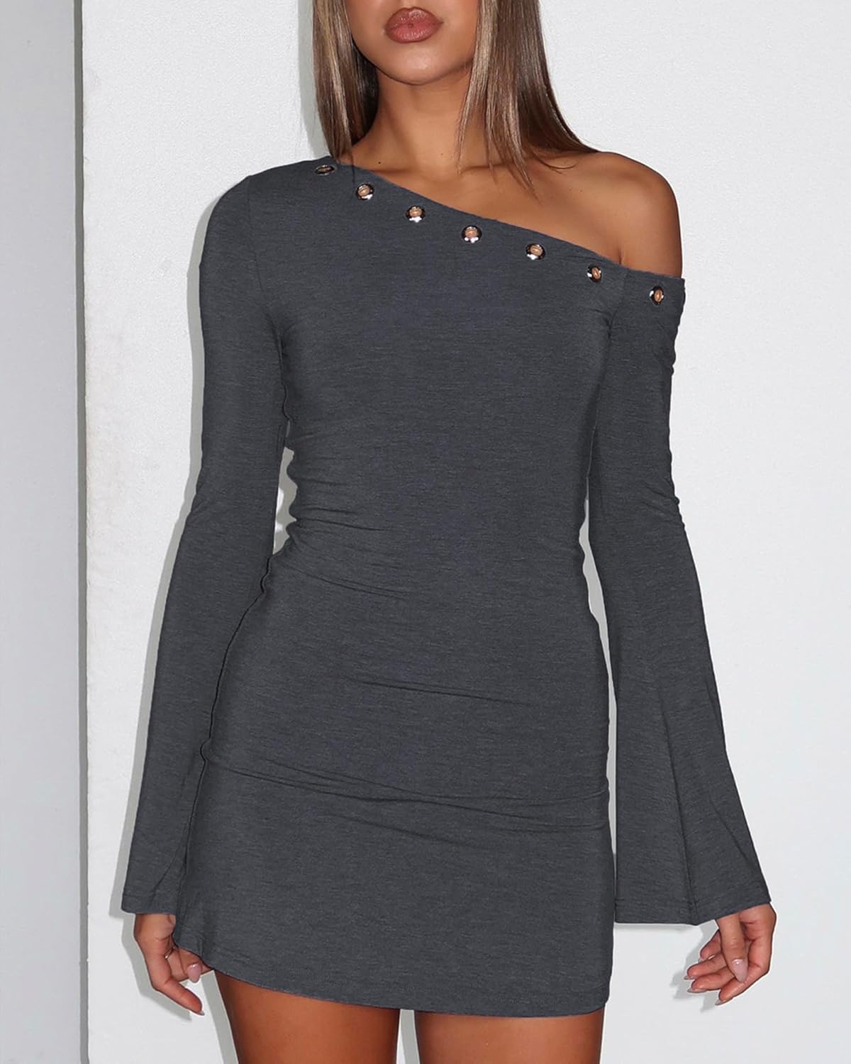 One Shoulder Dresses for Women Metal Ring Sexy Flared Long Sleeve Bodycon Going Out Club Party Y2K Mini Dress - Image 4