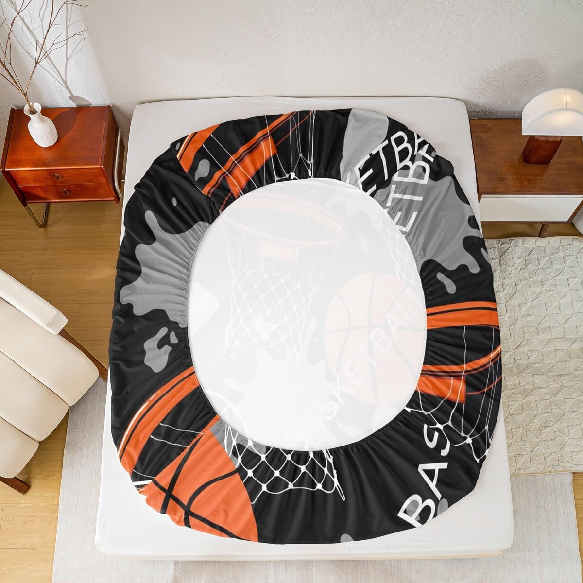 Basketball Fitted Sheet for Kids Boys Girls Teens Sport Theme 3D Basketball Star Slam Dunk Bed Sheet Set Skin-Friendly Microfiber Bed Cover Decor 3Pcs Bedding Set with 2 Pillowcases Queen