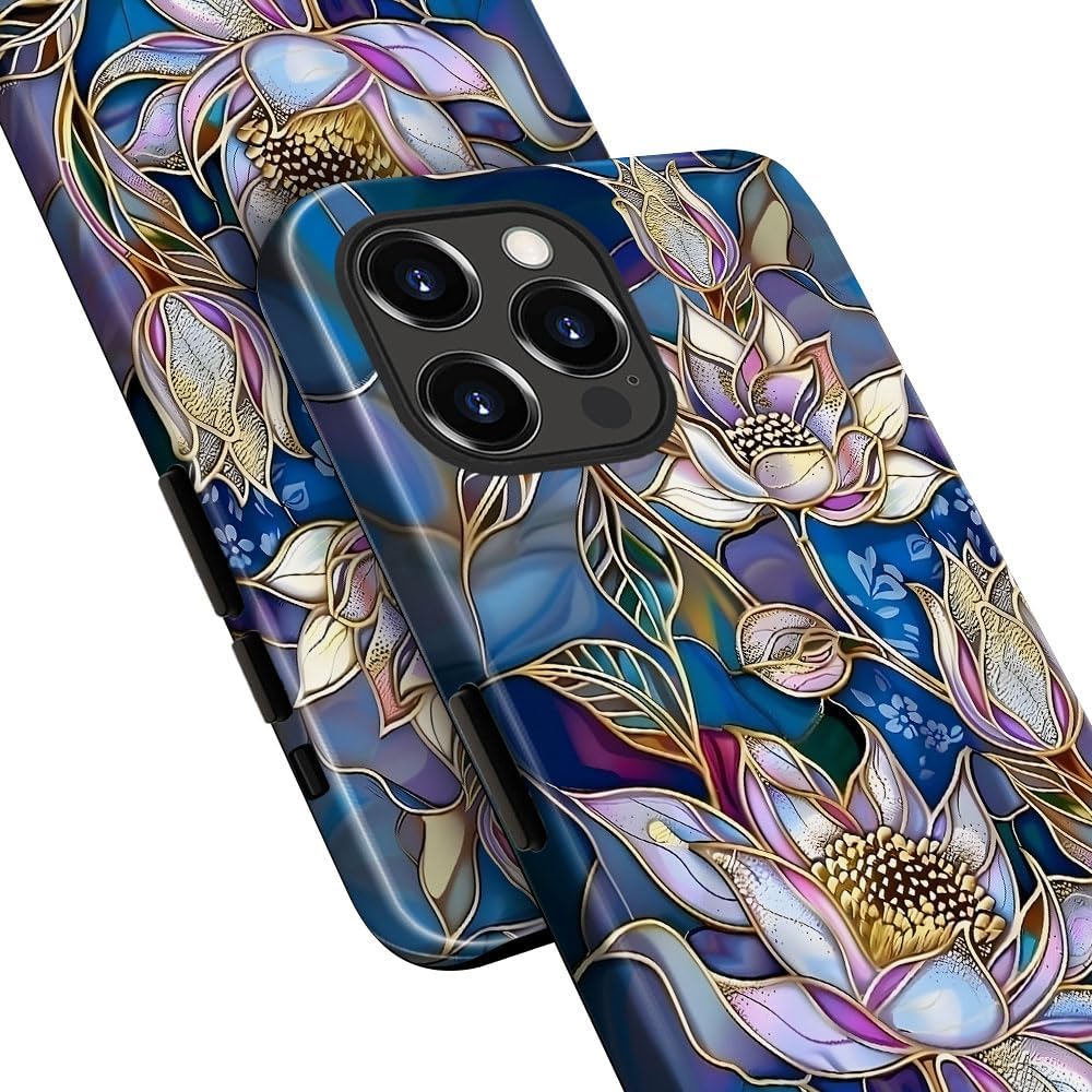 Case for iPhone 15 Pro Max,Stained Glass Lotus Flowers Gold Purple Phone Case Military-Grade Drop Protection Cover for Women Girl - Glossy - Image 4