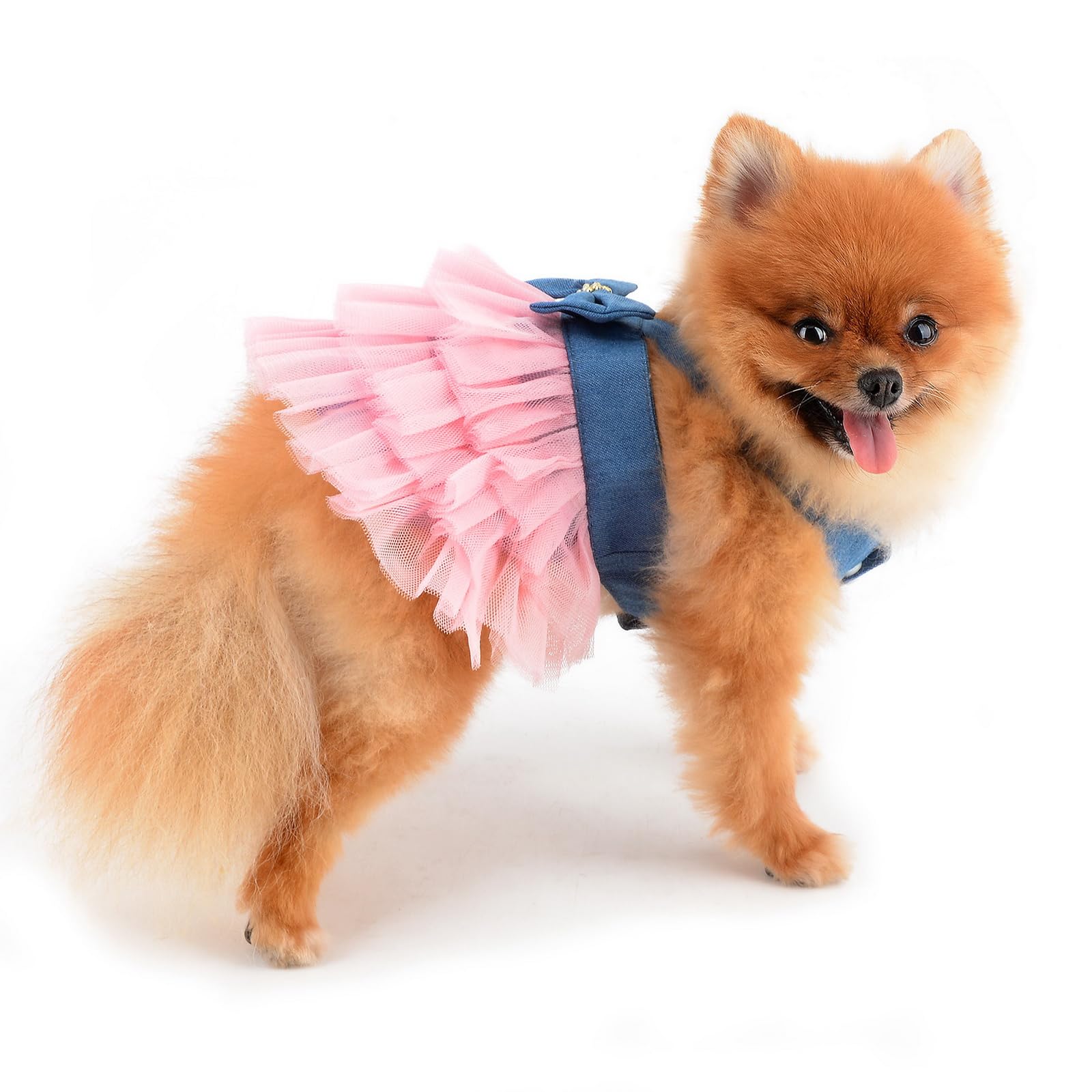 PAIDEFUL Small Dog Dress Striped Denim Organza Bow Beads Tutu Skirt Summer Soft Comfortable Breathable Puppy Clothes Sleeveless Button Kitten Apparel - Image 2