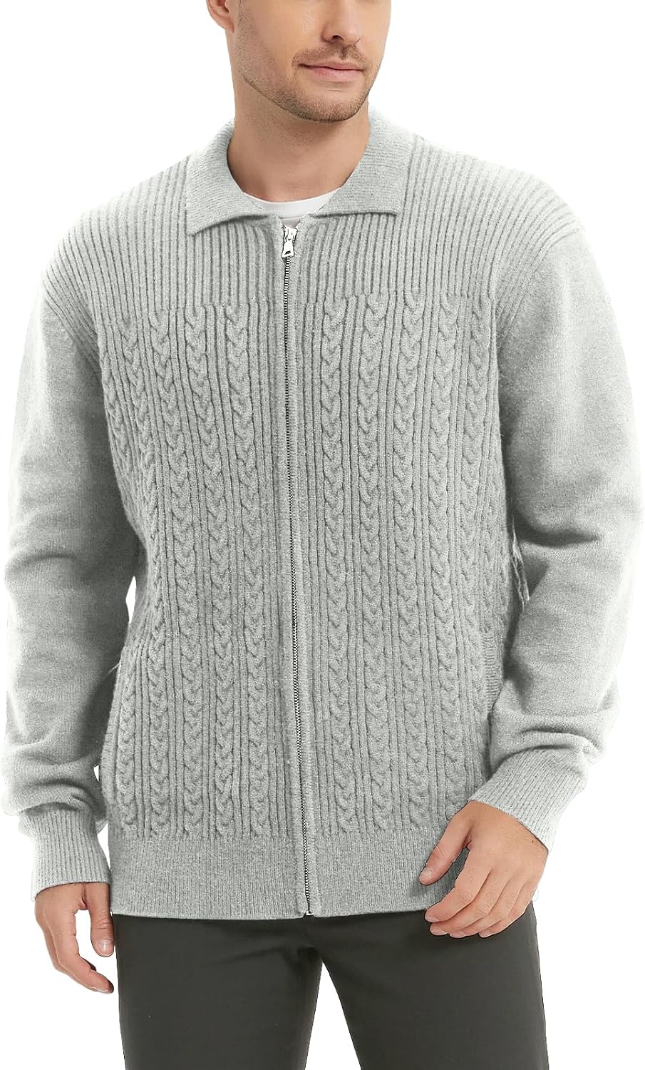 Donason Men's Cardigan Sweaters Slim Full Zip Up Sweater Stand Collar Long Sleeve Cable Knit Cardigans with Two Front Pockets