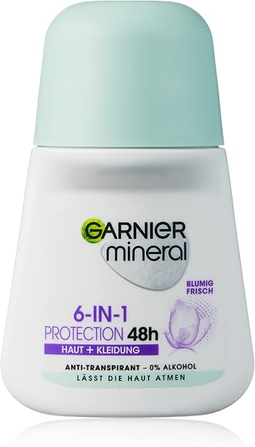 Garnier Roll-On dezodorant dla kobiet o świeżym zapachu i do 48 godzin ochrony przed wilgocią pod pachami i zapachem ciała, Mineral Protection 6 w 1, antyperspirant, 1 x 50 ml