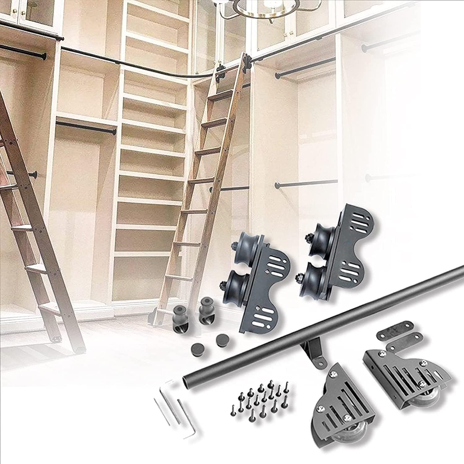 Rolling Ladder Hardware Library Sliding Ladder Kit, Round Mobile Ladder Track/Rail with Retractable System Extention Rail with Floor Roller Wheels，3.3ft/100cm Track Kit