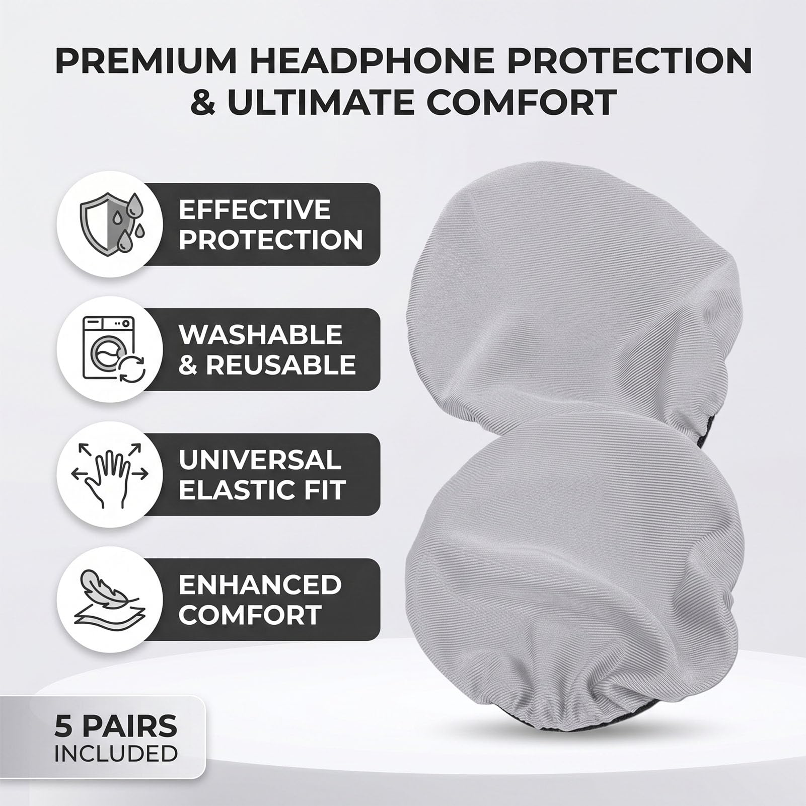 lyrlody Copriorecchie Lavabili per Cuffie Protezioni per Cuscinetti Auricolari in Cotone 5 Paia Tessuto Elastico per il Controllo del Sudore Riutilizzabili per QC35 WH1000XM3 MDR7506 Viaggi (GREY)