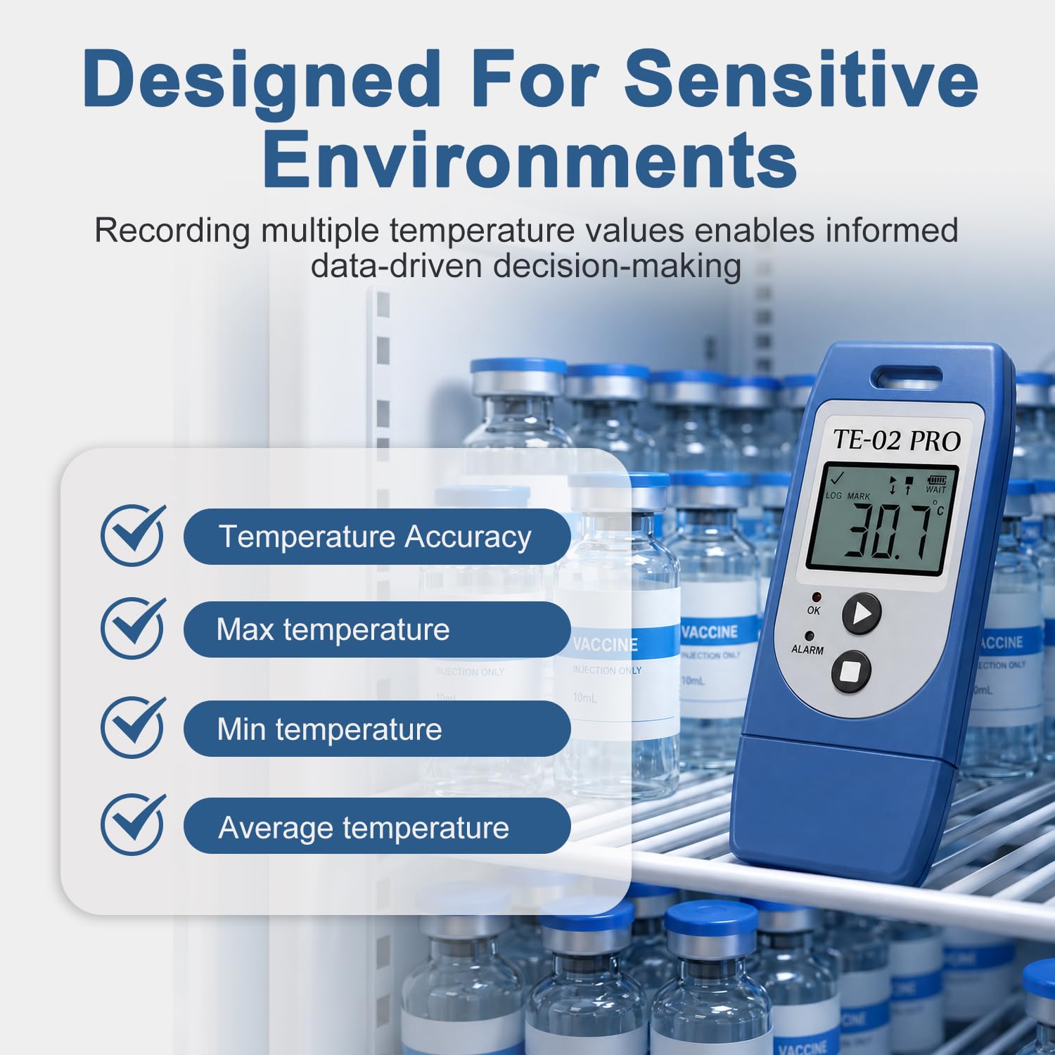 ThermElc TE-02 Pro Temperatur Datenlogger Automatischer PDF/CSV-Bericht, Wiederverwendbar, Vergleich von Daten Mehrerer Geräte, Überwachung von Kühl, Temperaturrekorder Konform mit 21CFR Teil 11