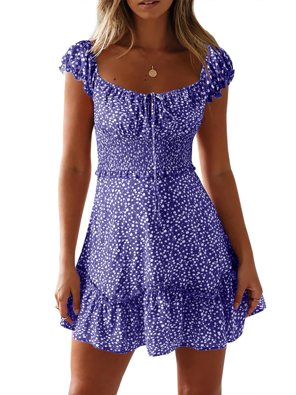 Womens Summer Floral Sundress Ruffle Sleeve Sweetheart Short Mini Dresses | Sun Dress, Sexy, Flowy, Print, Smocked Waist, Western Boho, Beach, Date Night, Country Concert