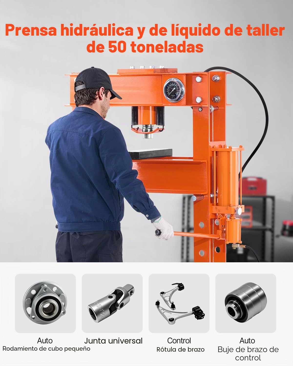VEVOR Prensa Hidráulica de Taller, con Marco en H de 50 T con Placa de Prensa y Soporte Triangular, para Piso de Garaje Estable con Válvula Alivio, Apta para Doblar y Enderezar, 1380 x 800 x 1735 mm