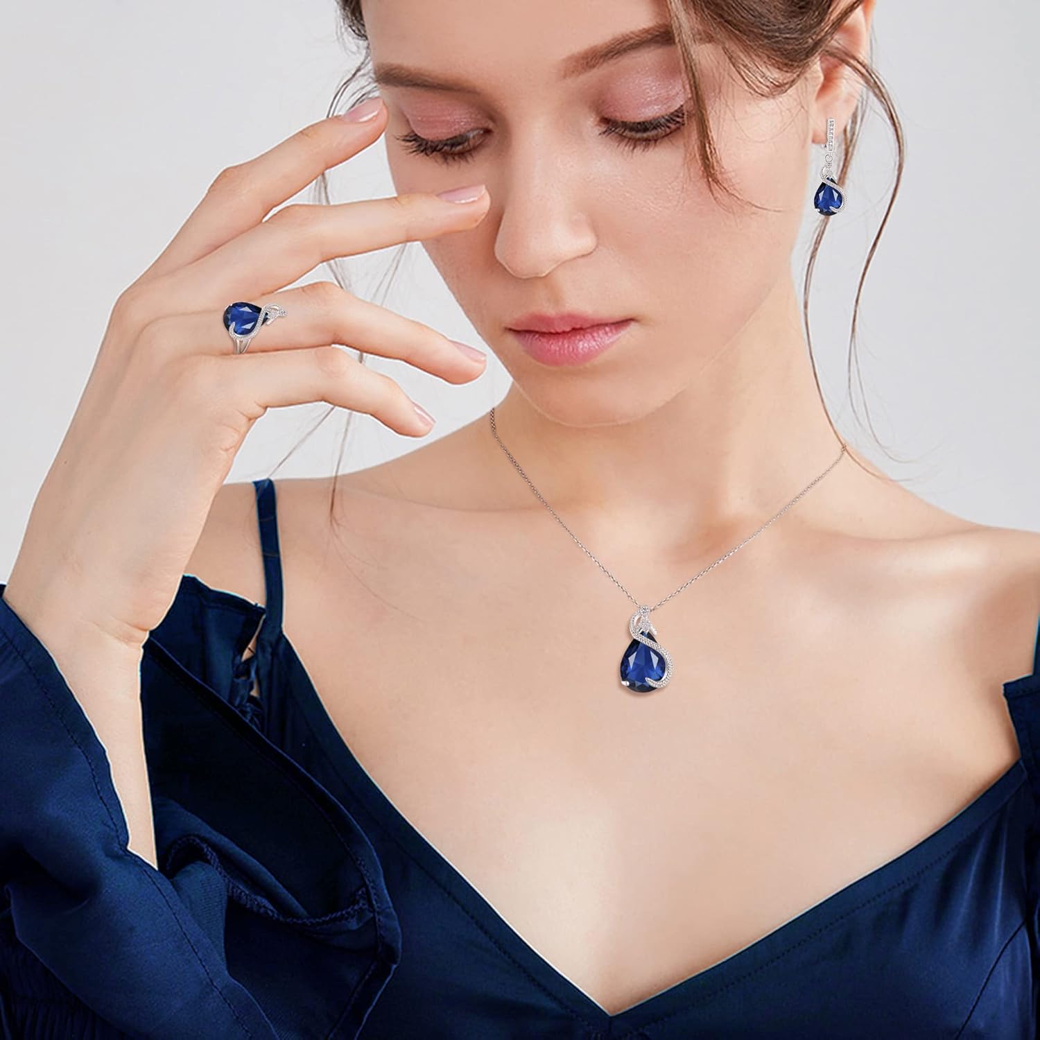 EVER FAITH Wedding Jewelry Set for Bride Bridesmaid, Glamour Teardrop Cubic Zirconia Pendant Necklace Earrings Tennis Bracelet Open Ring Sets for Birthday/Valentine's Day/Mother's Day/Christmas - Image 3