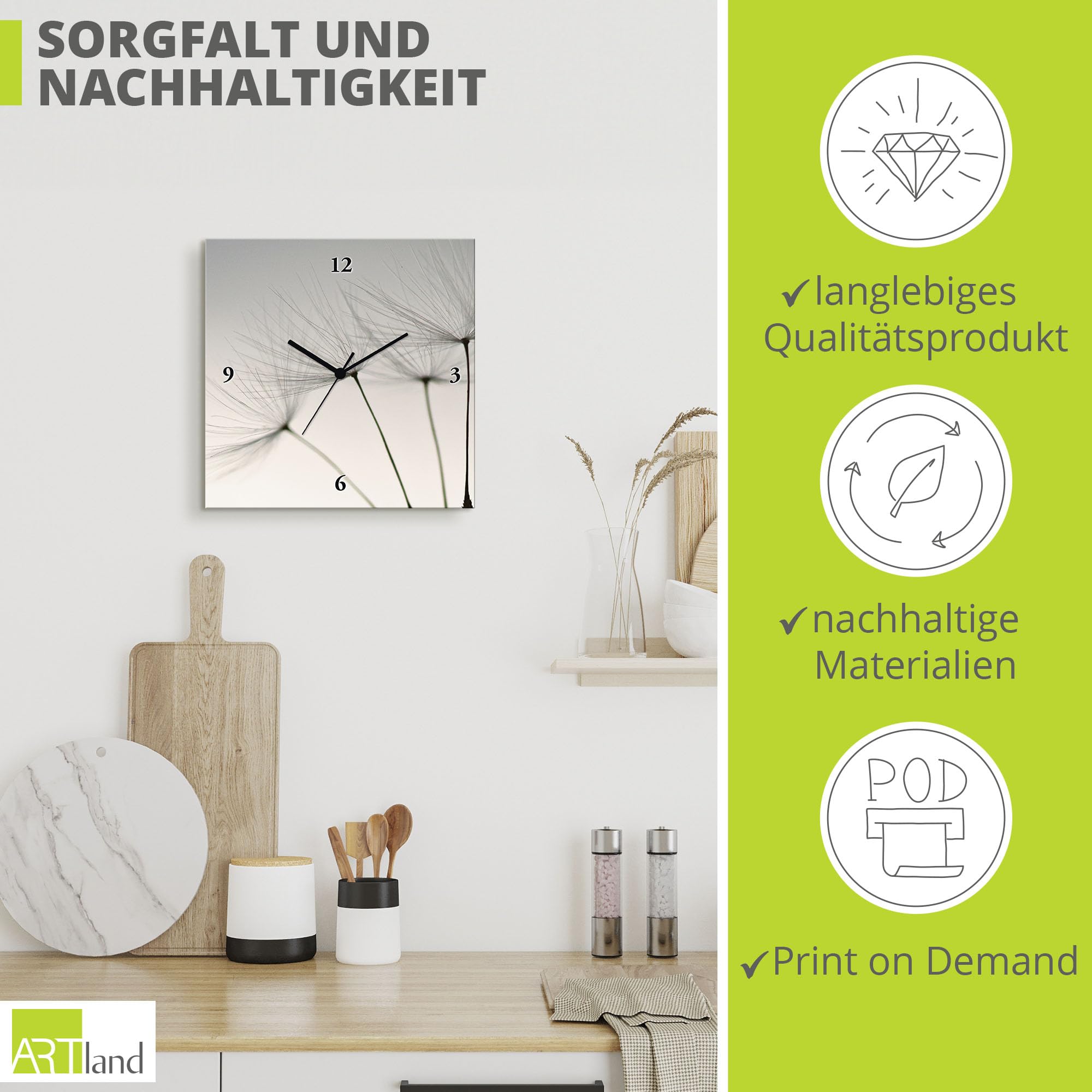 ARTLAND Wanduhr ohne Tickgeräusche Alu Funkuhr 30x30 cm Quadratisch Lautlos Blumen Pusteblume Modern Nordisch Originell T5SQ