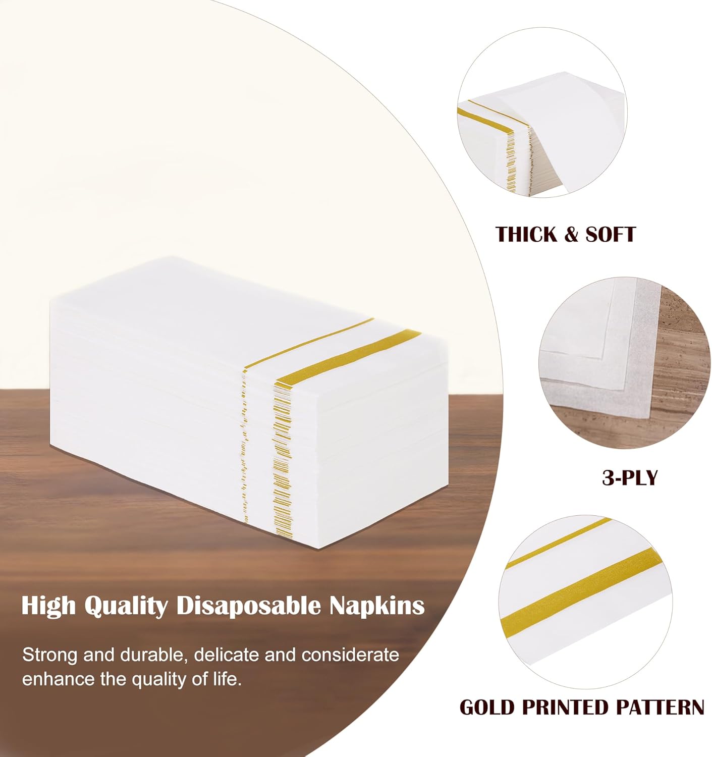 200 Pack Disposable Paper Napkins, Soft and Absorbent Paper Hand Towels, 3-Ply Gold Trim Lined Elegant Dinner Napkins for Kitchen, Wedding, Parties, Dinners or Events (15.7" x 13") - Image 4