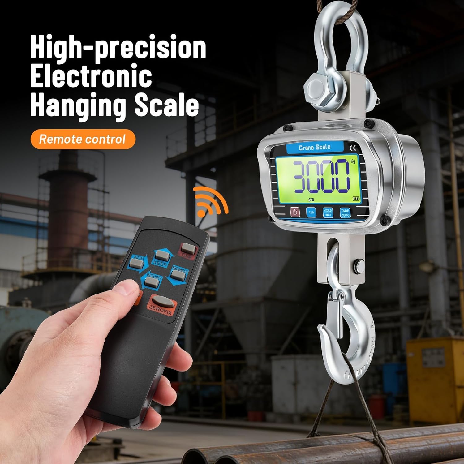Bilancia per Gru 3000KG, Bilancia da gru digitale, Pesante Bilancia Industriale con sensore di precisione, ampio schermo LCD e telecomando, Visualizzazione della temperatura e dell'umidità(Silver)