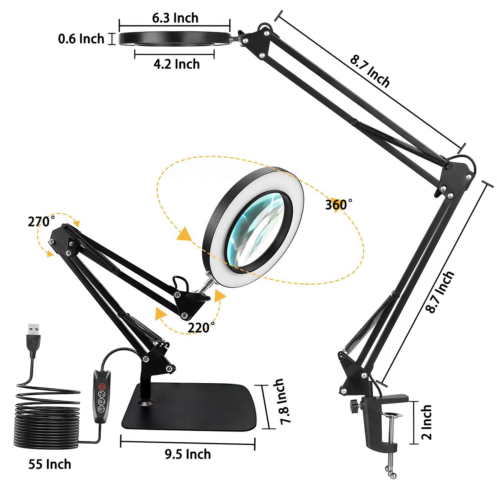 15X Magnifying Glass with Light, LED Desk Lamp with Base and Clamp, 3 Color Modes, 10 Brightness, 72 LEDs, 4.2" Diameter Real Glass Lens LED Magnifying Glasses for Reading Work Repair