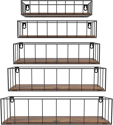 CRUGLA Floating Shelves Wall Mounted Set of 5, Hanging Storage Wall Shelf with Rail for Bathroom, Bedroom, Living Room, Kitchen