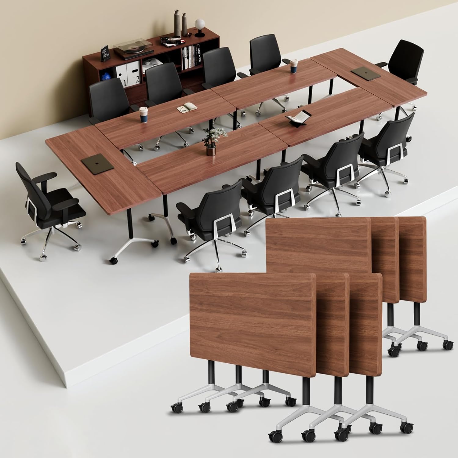 6Pack Office Folding Conference Table, Nesting Training Tables with Wheels,Modular Meeting Room Table with Flip-Top Design, Protable Conference Room Tables for Seminar,School,Classroom(Walnut,55.1IN)