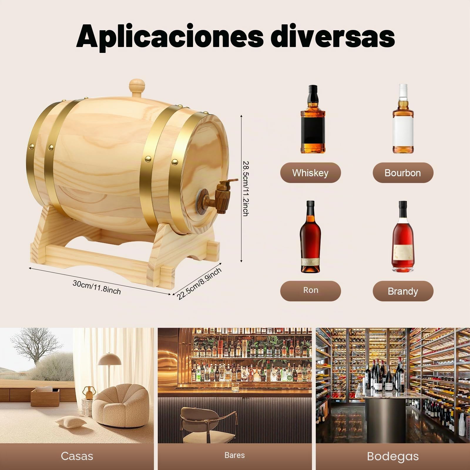 Barril de roble con soporte de madera, barril de 5L de madera para whisky, barril de vino horizontal de pino, barril de cerveza, barril de vino de roble, barril de alcohol, elegante y bonito para