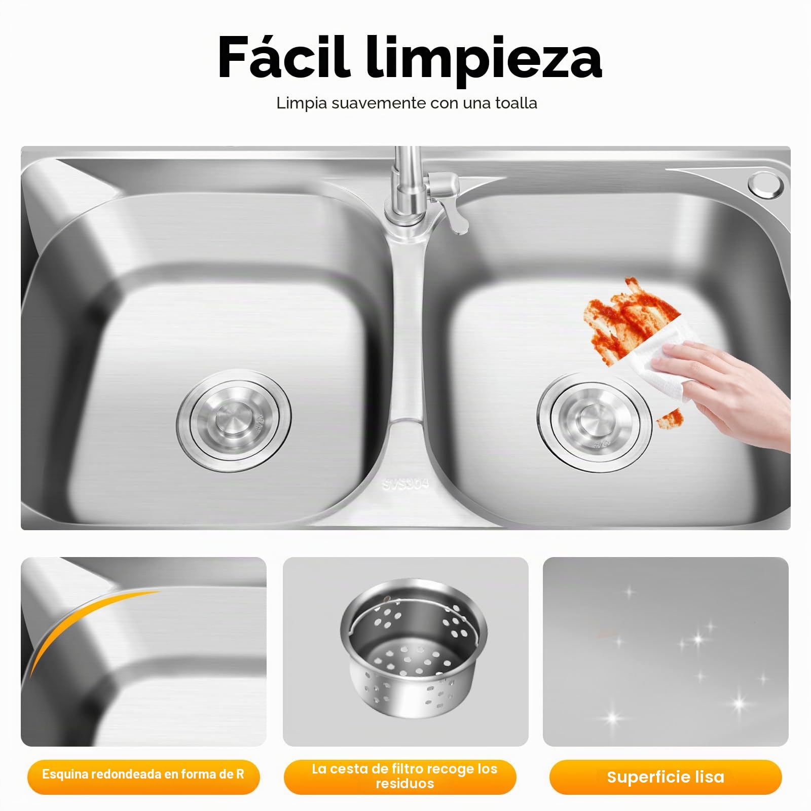Fregadero de cocina independiente, 2 cuencos, doble, de acero inoxidable, comercial con grifo, soporte y drenaje, para exterior e interior