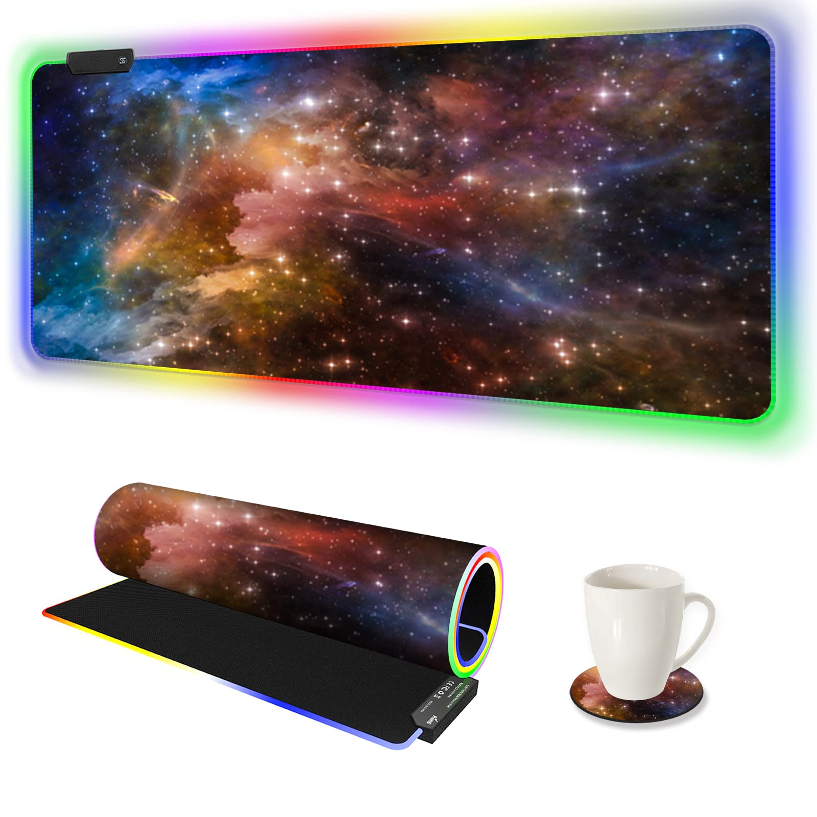 AIMSA Large Gaming Mouse Pad RGB, Keyboard Led Mousepad Extended 35.4 x 15.8 inch Non-Slip Rubber Base with 14 Lighting Modes Desk Mat, Colorful Galaxy Nebula