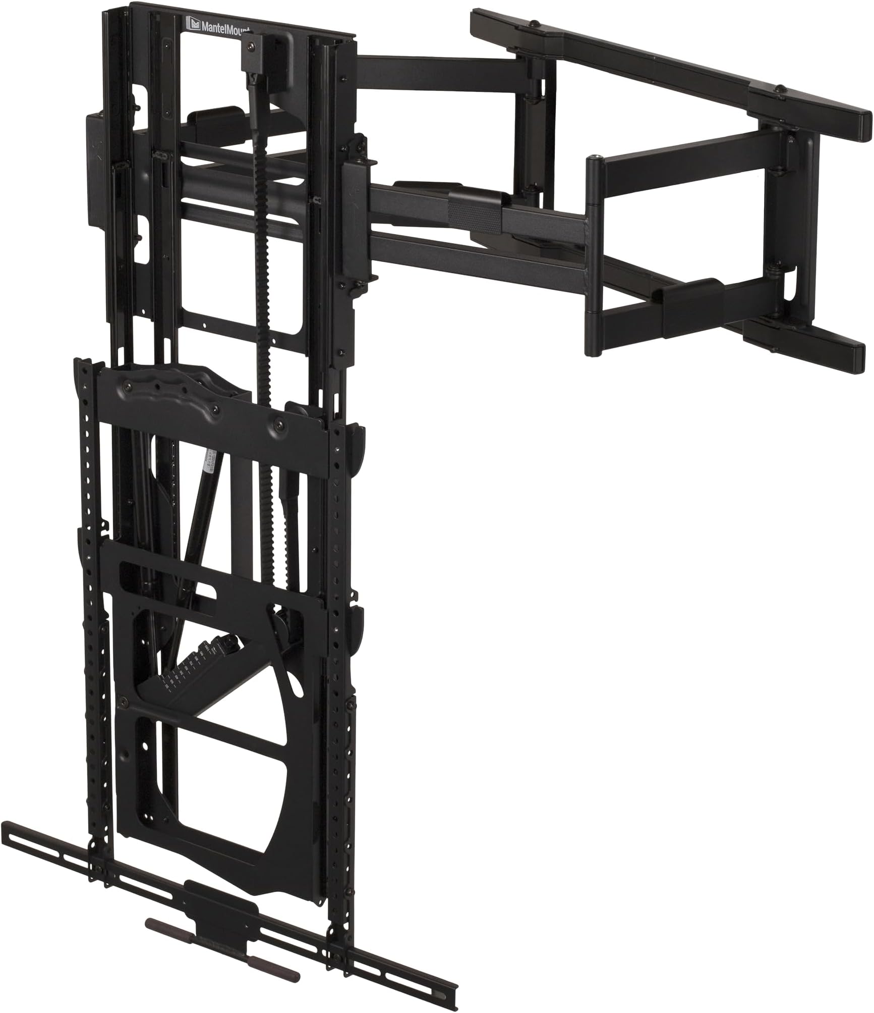 MAX1 Full Motion Pull Down TV Mount-Perfect Above Fireplace, 29" Vertical Drop, 40° Swivel L/R, Stop Anywhere Tension Design, 3" Flush to Wall, for TVs 50"-86" to 90 lbs.