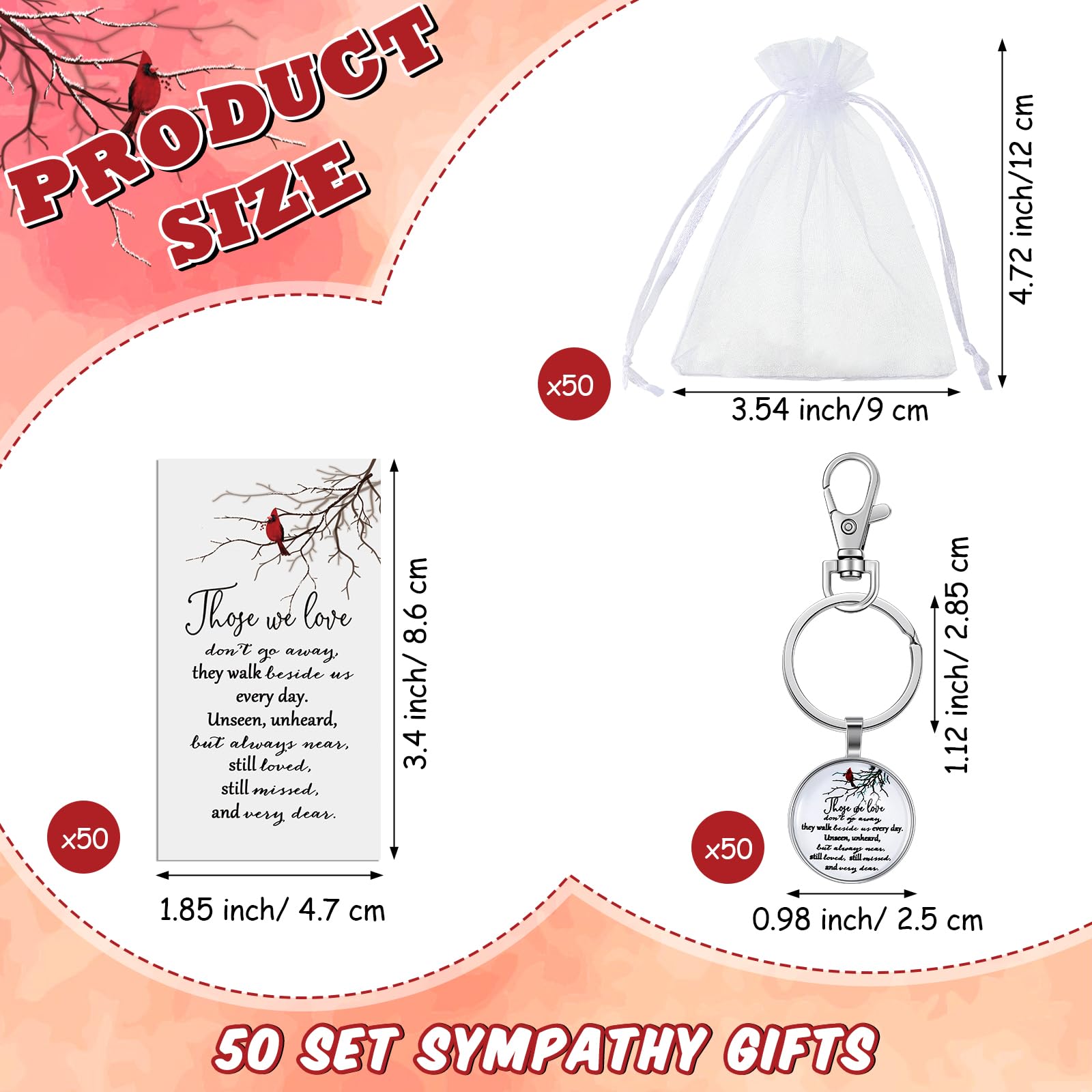 Fumete Kardinal-Schlüsselanhänger, Bulk-Metall, roter Vogel, Kardinal-Schlüsselanhänger, Gedenkgeschenk, Gedenkschmuck für Verlust, mit Karten, Taschen, 50 Stück