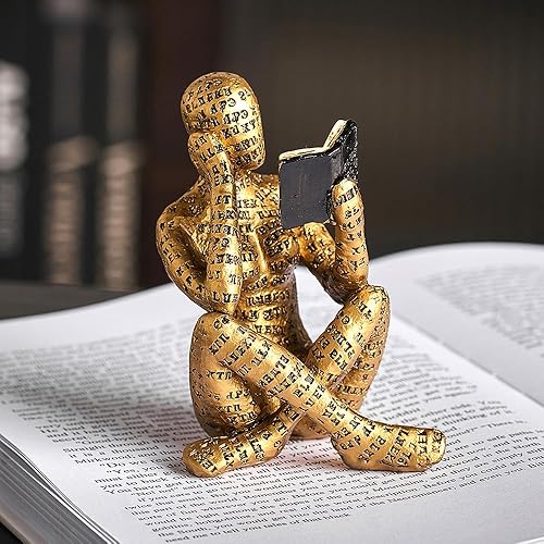 Estatuas de lectura Gold Thinker para decoración del hogar, decoración de estantería de figura de pulp para mujer, decoración de estantes para sala