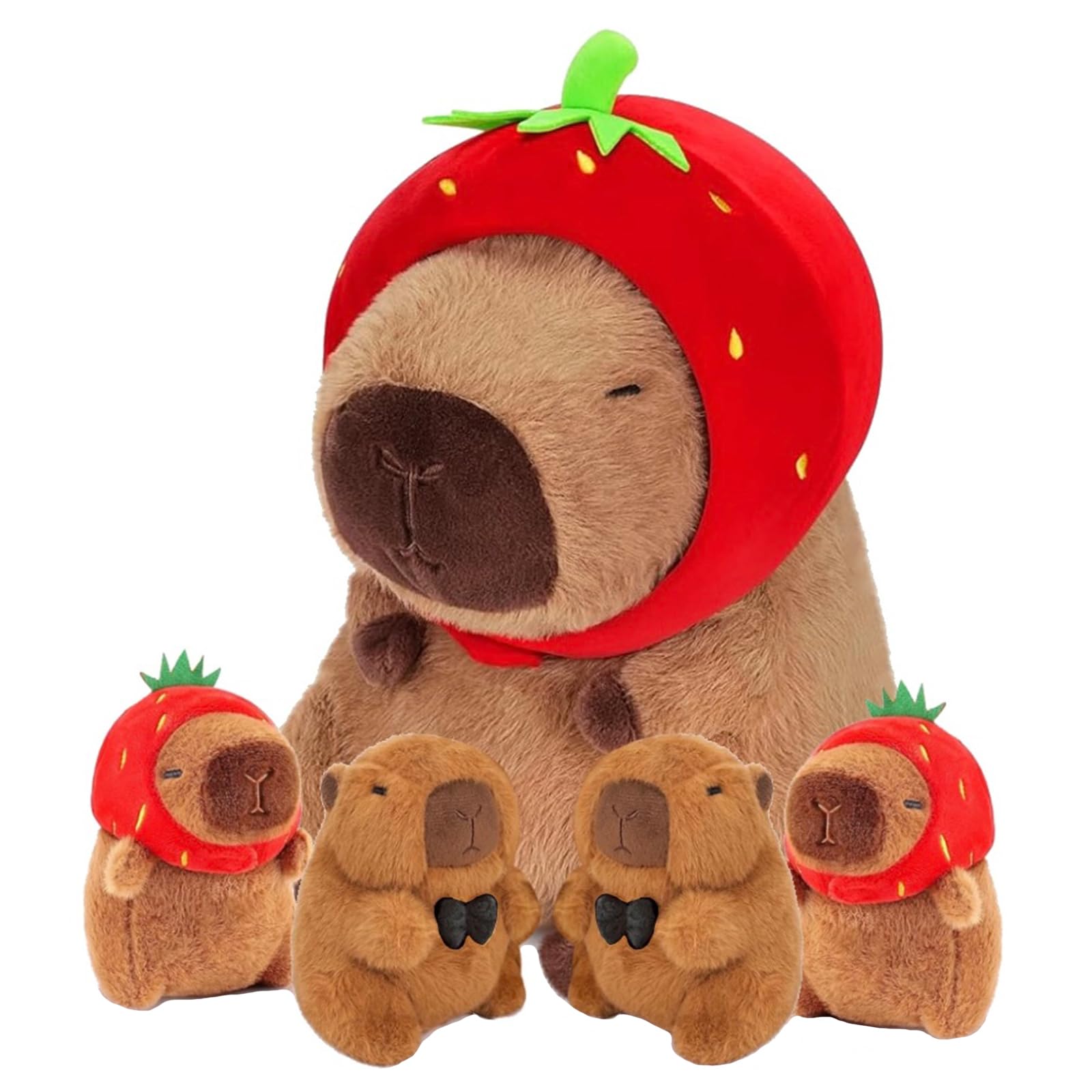 5pcs Stuffed Capybara Plush Stuffed Animals Large Capybara Toy Plush Mommy with 4 Baby, Simulation Animal with Strawberry Hat Mommy Plushies 5 in 1 Cuddly Toy Hugging Pillow Soft Plushie Gift — image 1