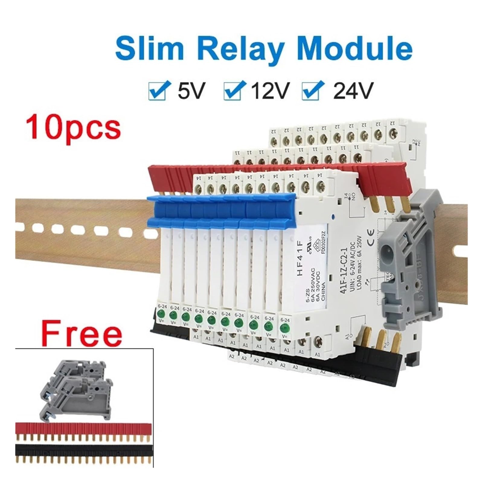 Modulo relè su guida DIN da 10 pezzi HF 41F sottile con LED 6A 5 V 12 V 24 V 41F-5-ZS 41F-12-ZS 41F-24-ZS ad alta frequenza(10PCS 5V)