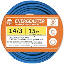 Solid Indoor 14/3 Type NM-B Pure Copper Cable 15FT, Blue, 14 AWG 3 Conductors with Ground Wire