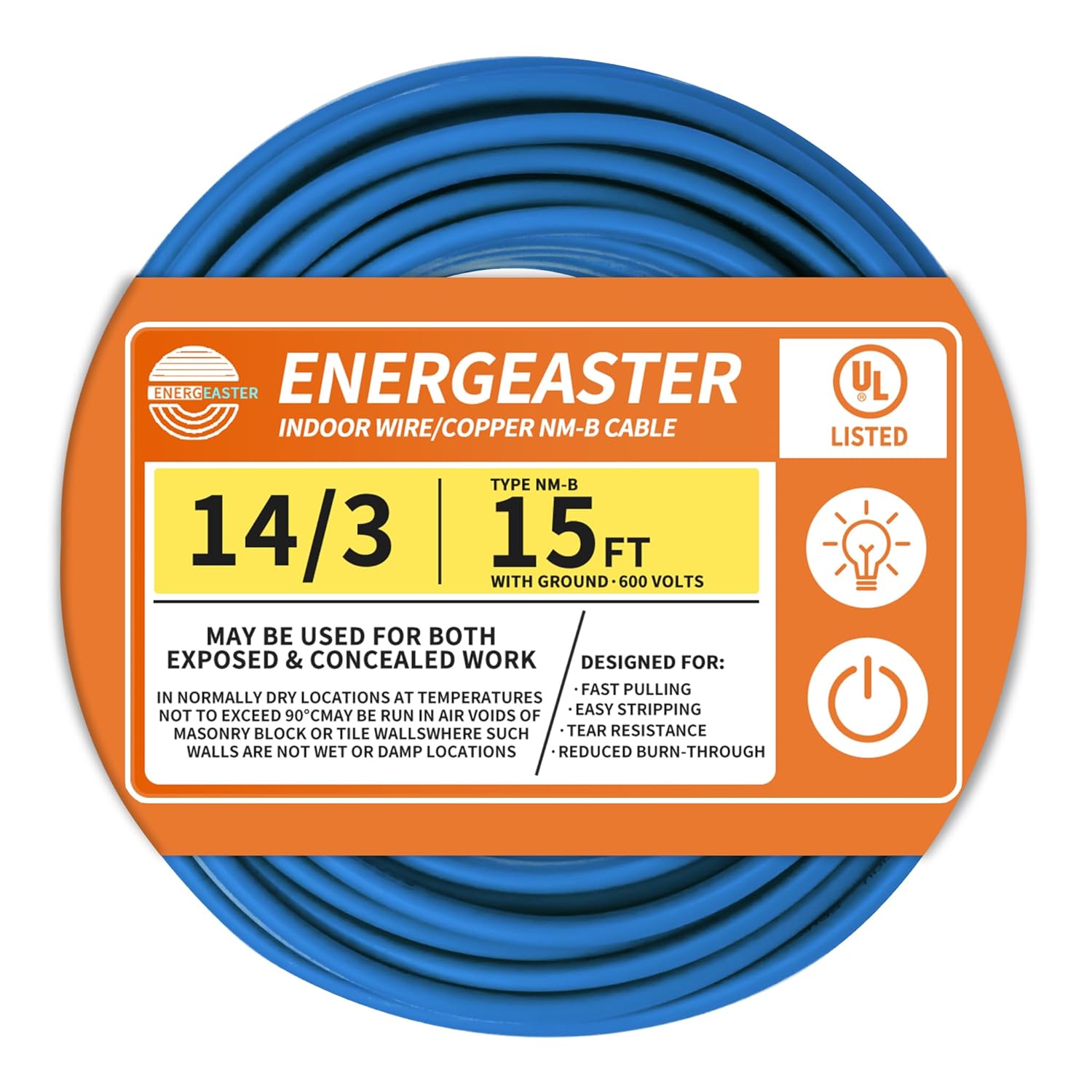 Solid Indoor 14/3 Type NM-B Pure Copper Cable 15FT, Blue, 14 AWG 3 Conductors with Ground Wire